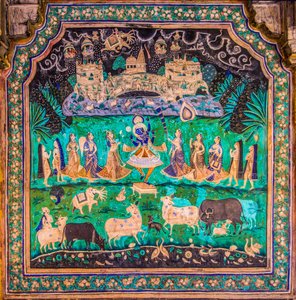فناء Chittra Sala مع لوحات Virtuoso الجميلة ، Taragarh Fort ، Bandi ، Bandi ، Rajasthan ، India ، Asia (Photo) بواسطة فنان غير معروف