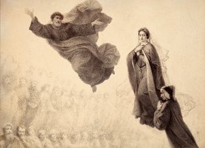 دانتي وبياتريس يقابلان القديس بطرس. رسم توضيحي للكانتو الرابع والعشرين في باراديسو من الكوميديا الإلهية لدانتي أليغييري. عمل لفرانشيسكو سكاراموزا مخصص لبلدية فلورنسا. بواسطة فنان غير معروف