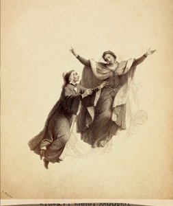 دانتي، بأذرع مفتوحة، تقوده بياتريس في رحلة عبر سماء الفردوس. رسم توضيحي للكانتو الأول من باراديسو من الكوميديا الإلهية لدانتي أليغييري. عمل لفرانشيسو سكاراموزا مخصص لبلدية فلورنسا. بواسطة فنان غير معروف
