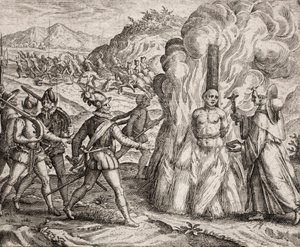 Description of the crimes inflicted on the Indians by the Spanish colonists - Conquistadors burning at the stake an Indian who refused to convert to the Catholic faith. Religious of the Franciscan Order (engraving) ""Narratio regionum indicarum per Hispano بواسطة غير معروف