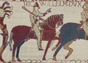 Duke William exhorts his troops to prepare themselves for the battle against the English army, Bayeux Tapestry (wool embroidery on linen) بواسطة غير معروف