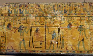 مصر: تفاصيل تابوت خنسوري ، يمثل الإلهة نوت ووزن روح المتوفى. متحف آثار البحر الأبيض المتوسط ، مرسيليا بواسطة فنان غير معروف