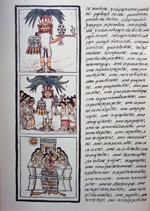 مهرجان توكسكاتل وضحيته ، الكتاب الثاني من المخطوطة الفلورنسية ، نسخة ثنائية اللغة باللغتين الإسبانية والناواتل ، التاريخ العام لأشياء إسبانيا الجديدة (هيستوريا جنرال دي لاس كوساس دي نويفا إسبانا) ، حضارة الأزتك بواسطة فنان غير معروف