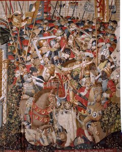 نسيج فلمنكي. مسلسل حرب طروادة. موت أخيل (Muerte de Aquiles). النسيج الثامن في السلسلة. نموذج Coëtivy Master (Henry أو Conrard de Vulcop). تصنيع ورش تورناى. كاليفورنيا 1470. نسيج صوف وحرير ، 6/7 انفتال لكل سم. الحجم 482 × 942 ج بواسطة غير معروف