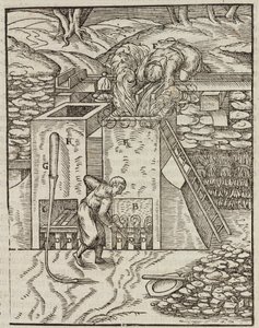 فرن تسخين خام الذهب - نقش من وصف الخامات وطرق التعدين الرئيسية ، بواسطة Lazarus Ecker بواسطة غير معروف