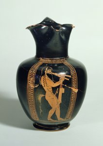 GR.126-1864 Oinochoe ، مزين بساتير يعزف على مزامير مزدوجة ، شكل أحمر علوي ، أثينا ، يوناني ، 520 قبل الميلاد (الطين) بواسطة غير معروف