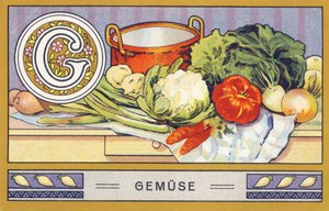 G: Gemuse - أبجدية النخلة. سلسلة من المطبوعات الحجرية الملونة التي نشرتها شركة H. Schlinck & Cie ، Hamburg، sd. إعلان عن Palmin Feintes Cocosfett. الأبعاد: ٧ × ١١ سم بواسطة فنان غير معروف