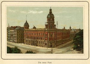 ألمانيا، هامبورغ، المبنى الجديد لمكتب البريد، رسم توضيحي من : "Ansichten-Album Hamburg" (مناظر من هامبورغ)، نشر بواسطة C. Schneider، برلين شمال غرب، حوالي عام 1890 (طباعة حجرية) بواسطة فنان غير معروف