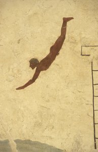 الفن اليوناني: لوحة جدارية لمقبرة الغواص ، بايستوم ، منطقة كامباني ، إيطاليا. مقبرة الغواص ، جدارية ، حديقة بايستوم الأثرية ، كامبانيا ، إيطاليا