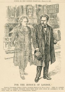 هنري وود وشبح بيتهوفن أمام قاعة الملكة ، نقش من Punch أو The London Charivari ، 16 مارس بواسطة غير معروف
