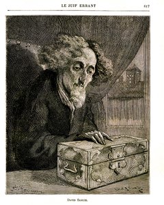 رسم توضيحي لرواية يوجين سو "اليهودي المتجول" - نقش بواسطة FERDINANDUS في طبعة Jules Rouff لعام 1883. ديفيد صموئيل ، الوصي على ممتلكات عائلة De Rennepont ، مع الكاسيت (الصندوق) الذي يحتوي على الأوراق المالية والأسهم والفواتير بواسطة غير معروف