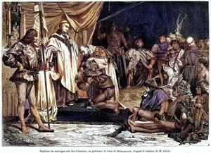 قام جان دي بيثنكورت ، نبيل نورماندي ، بارون دي سانت مارتن لو جيلارد ، بغزو جزر الكناري وتنصيرها في يناير 1405 ، من مجلة "Sur terre et sur mer" رقم 28 ، 8 يناير بواسطة فنان غير معروف