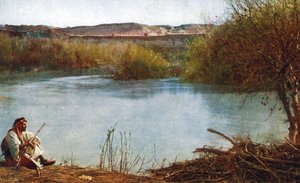 نهر الأردن - صياد عربي جالس على ضفة النهر (بطاقة شخصية) بواسطة فنان غير معروف