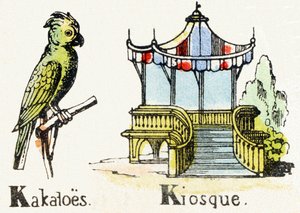 K - Kakatoes Kiosque - الأبجدية الترفيهية للأطفال c1890 (طباعة حجرية) بواسطة غير معروف