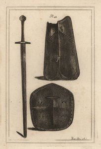 لوحة صدرية كبيرة أو cuirass 1 ، درع مثقوب في الوسط 2 وسيف ذو يدين كلها تنتمي إلى Guy ، Earl of Warwick 3 ، نقش نحاسي بواسطة J بواسطة غير معروف