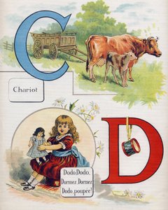 حرف C و D: عربة ودمية نائمة ، نائمة ، نائمة ، نائمة. نقش في "ABC L'alphabet des bebes". حجم غير قابل للكسر على القماش في الطباعة الحجرية الملونة. A. Capendu ، محرر ، باريس. أوائل القرن العشرين ، حوالي عام 1905. صور من أصل إنجليزي بواسطة غير معروف