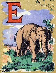 حرف E مثل الفيل. الأبجدية المصورة. تم لم شمل الصور في جارفيل نانسي ، بداية القرن العشرين. الأبعاد: ٤٠ × ٢٩ سم. الطباعة الحجرية على خلفية بيستر بواسطة غير معروف