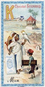 حرف K: kabyle، kepi، كيلوجرام، kakatoes، kiosk، كيلومتر. نقش الأبجدية تم تحريره بواسطة Chocolat Suchard ، بداية القرن العشرين. 24 مطبوعة حجرية ملونة تمثل الأماكن والشخصيات والأشياء التي سيتم اكتشافها في الصورة. خافت: 105 × 55 ملم بواسطة غير معروف
