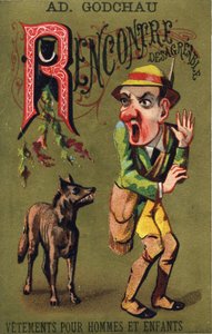 الحرف R: اجتماع غير مقبول. نقش في "Alphabet des grotesques" ". سلسلة من 25 مطبوعة حجرية ملونة للإعلان على خلفية قديمة ، أواخر القرن التاسع عشر. قاتمة: 11 × 7 سم بواسطة غير معروف