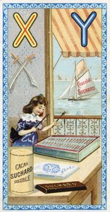 الحرف X: xylophonist و Y: yatagan، yacht. نقش الأبجدية تم تحريره بواسطة Chocolat Suchard ، بداية القرن العشرين. 24 مطبوعة حجرية ملونة تمثل الأماكن والشخصيات والأشياء التي سيتم اكتشافها في الصورة. خافت: 105 × 55 ملم بواسطة غير معروف