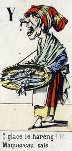 حرف Y: "ice the herring !!! الإسقمري القذر". الأبجدية "متعة الأطفال". تصوير إبينال ، حوالي عام 1890. سلسلة شعبية. كتيب صغير من 8 صفحات. نقوش خشبية مطبوعة على موضوع عدادات الشوارع الصغيرة وصرخات باريس بواسطة غير معروف