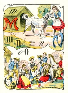 رسائل MN و O مثل Medor ، Niche والأوركسترا السويسرية. نقش في "Fun Alphabet". تصوير بونت آ موسون. طباعة ونشر لويس فاني ، نهاية القرن التاسع عشر بواسطة غير معروف