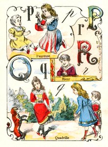 الحروف PQ و R مثل الخوف والضحك والرباعية. نقش في "Fun Alphabet". تصوير بونت آ موسون. طباعة ونشر لويس فاني ، نهاية القرن التاسع عشر بواسطة غير معروف