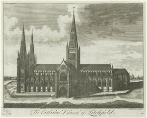 كاتدرائية ليتشفيلد - المنظر الجنوبي: engraving، nd [؟ 18th cent] بواسطة غير معروف