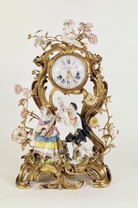 Louis XV ormolu وساعة من البورسلين ، مع شخصيات Meissen بواسطة غير معروف