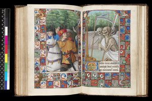 MS 92 f.132v-133r، Office of the Dead، Matins، The Three Living and the Three Dead ، من كتاب الصلوات ، غرب فرنسا ، استخدام روما ، 1490-1510 بواسطة غير معروف