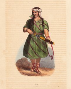 رجل من قبيلة كارين (كارين أو كاريانغ) (بورما، ميانمار) - رجل من قبيلة كارين (كاريان) في جنوب بورما - نقش خشبي ملون باليد من "موريس، استخدامات وأزياء كل شعوب العالم، آسيا" لأوغست والين، اسم مستعار لجان فرانسوا نيكول بواسطة فنان غير معروف