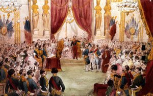 الزفاف المدني لنابليون الثالث في عام 1853: الإمبراطور يقدم زوجته يوجينيا إلى البلاط، لوحة مائية من القرن التاسع عشر بواسطة فنان غير معروف