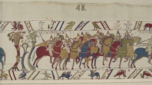 جنود نورمان يغادرون هاستينغز لخوض معركة مع Harold ، Bayeux Tapestry (تطريز من الصوف على الكتان) بواسطة غير معروف