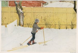 تعلم أحد أبناء الرسام السويدي كارل لارسون (1853-1919) التحرك على الزلاجات. الرسم من "" Das haus in der sonne "" 1921 بواسطة غير معروف