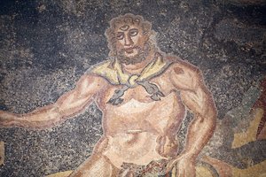 قاعة بوليفيم. التفاصيل من العملاق يلتهم أحشاء ماعز. من القرن الثالث إلى القرن الرابع. فيلا كاسال الرومانية ، صقلية. موقع اليونسكو. بواسطة غير معروف