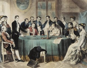 تقديم التجارب على البطارية الكهربائية إلى القنصل الأول نابليون بونابرت في عام 1801 من قبل فولتا (نقش) بواسطة فنان غير معروف