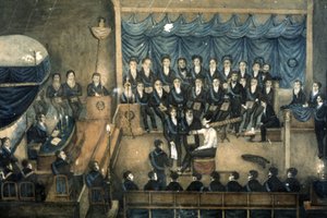 استقبال ماسوني في محفل، حوالي 1820 (لوحة مائية) بواسطة فنان غير معروف