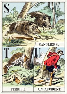 STU: Sanglier، Terrier، Un accident - The Hunting Alphabet، c.1890 (نقش) بواسطة غير معروف