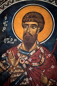 القديس تيودور تيرون: لوحة جدارية بيزنطية من القرن الرابع عشر (1332) كنيسة العذراء Phorbiotissa ، أسينو قبرص كنائس مرسومة على موقع اليونسكو ترودوس ، قبرص بواسطة غير معروف