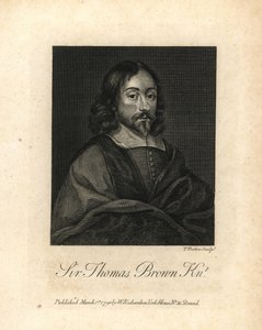 السير توماس براون، عالم وكاتب إنجليزي متعدد العلوم والطب والدين والباطنية، توفي عام 1682. نقش على لوح نحاسي من كتاب ويليام ريتشارد "صور توضيحية لتاريخ السيرة الذاتية لإنجلترا لجرانجر، لندن بواسطة فنان غير معروف