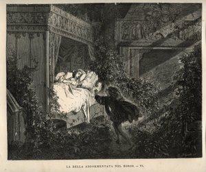 الجمال النائم: الأمير يكتشف الأميرة النائمة منذ مائة عام. نقش لغوستاف دوري (1832-1883) من "" Les contes "لتشارلز بيرولت (1628-1703) بواسطة غير معروف