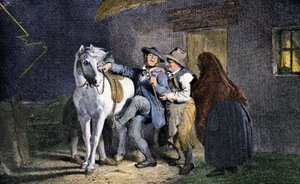 تام أو شانتر يركب حصاناً. رسم توضيحي لقصيدة الشاعر الاسكتلندي روبرت بيرنز (1759-1796). نقش بالألوان من القرن التاسع عشر من لوحة لجون فايد بواسطة فنان غير معروف