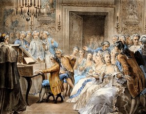 الموسيقار النمساوي فولفغانغ أماديوس موزارت (1756-1791) في سن الرابعة عشرة وهو يعيد عزف مقطوعة "Miserere" لغريغوريو أليغري من ذاكرته بواسطة فنان غير معروف
