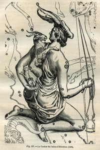 The Coach of the Atlas of Hevelius (1690): تعتبر كوكبة المدرب ، التي تحمل في اليد اليمنى سوطًا ورينيس وعلى الذراع اليسرى شيفر واثنين من الشيفرال ، واحدة من أقدم الأبراج في المجال اليوناني. نقش من "Les ét بواسطة غير معروف