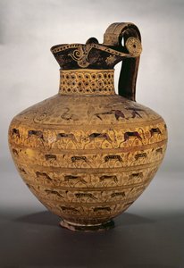 'Levy Oinochoe' ، إناء شرقي يوناني شرقي مزين بصفوف من الحيوانات الرائعة والماعز البري ، على طراز Wild Goat ، حوالي 650 قبل الميلاد (فخار) بواسطة غير معروف