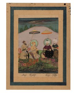 الإمبراطور المغولي شاه جهان مع سلفه تيمور (الغواش مع الذهب على الورق) بواسطة فنان غير معروف