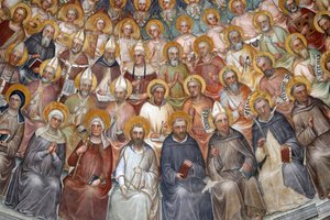 The Padua Baptistery. Ceilling frescoes 14th century by Giusto de Menabuoi. The Paradise. Blessing Christ with patriarchs, prophets and saints. Detail. Padua. Italy. (photo) بواسطة غير معروف