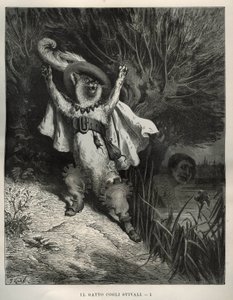 قطة التمهيد تطلب المساعدة. نقش لغوستاف دوري (1832-1883) من "" Les contes "لتشارلز بيرولت (1628-1703) بواسطة غير معروف
