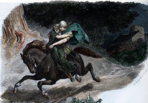 أمير الحرب في قبيلة الشيروسي الجرمانية أرمينيوس (أرمينيوس) (18 ق.م - 21 م) وهو يختطف سوينيلدا (أرمينيوس (هيرمان) زعيم قبيلة الشيروسي الجرمانية وزوجته سوينيلدا) نقش من "جرمانيا" ليوهانس شير 1880 مجموعة خاصة بواسطة فنان غير معروف