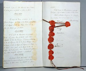 معاهدة إنشاء بلجيكا كدولة ذات سيادة ، تم توقيعها في 15 نوفمبر 1831 في مؤتمر لندن (قلم حبر وحبر وشمع على ورق) بواسطة غير معروف